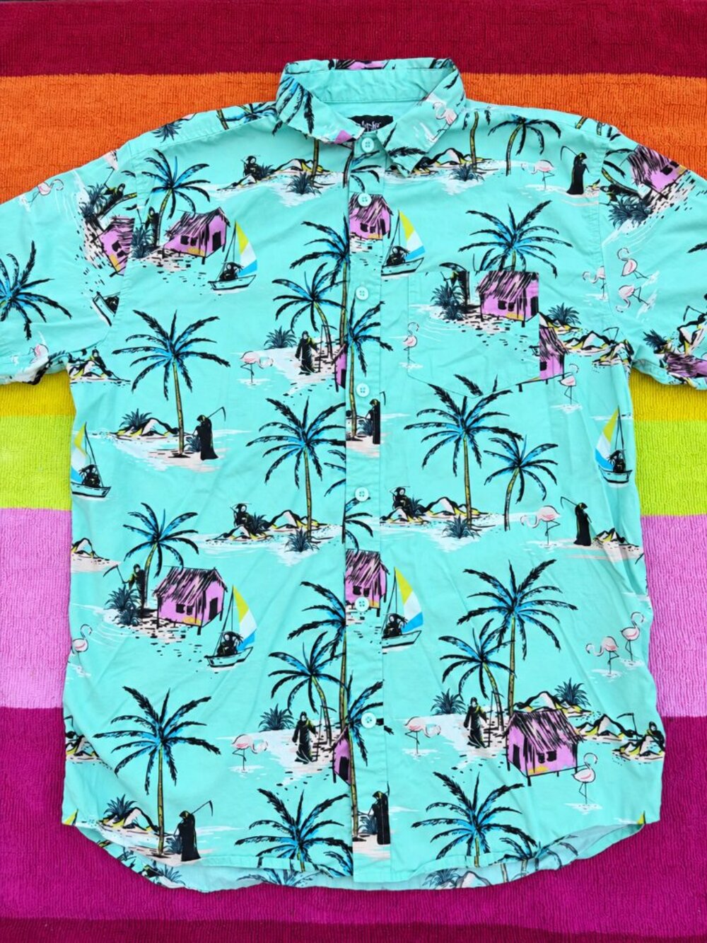 Spencer's Grim Reaper teal tropical Hawaiian button-up shirt size men's L